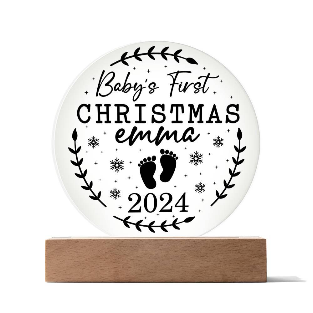 Baby's First Christmas Personalized Acrylic Plaque with Wood or LED Lighted Base - Mallard Moon Gift Shop