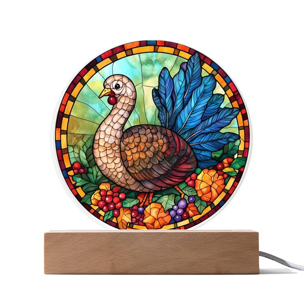Turkey Stained-glass Round Acrylic Plaque - LED Lighted Wooden Base - Mallard Moon Gift Shop