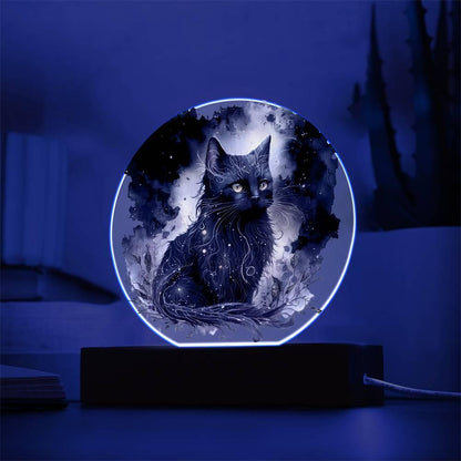 Black Cat Magic Spooky Halloween Printed Circle Acrylic Plaque with LED Lighted Wooden Base - Mallard Moon Gift Shop