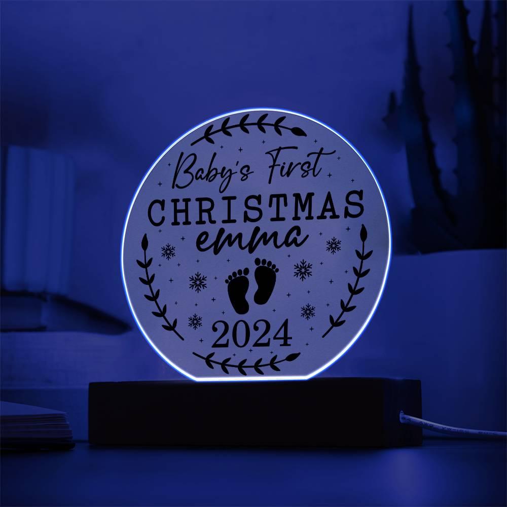 Baby's First Christmas Personalized Acrylic Plaque with Wood or LED Lighted Base - Mallard Moon Gift Shop