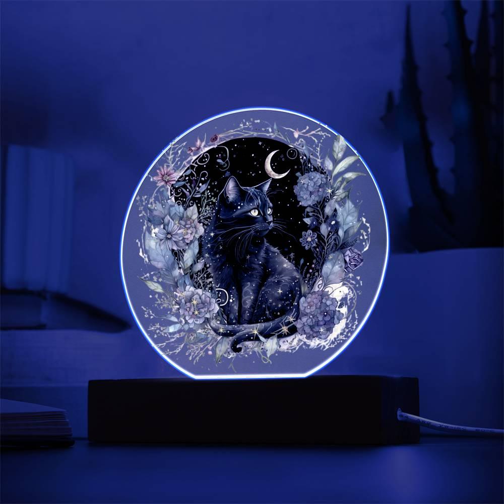 Black Cat Bewitchment: Halloween Printed Circle Acrylic Plaque with LED Lighted Wooden Base - Mallard Moon Gift Shop