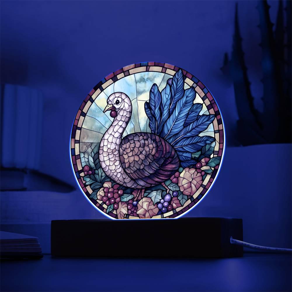Turkey Stained-glass Round Acrylic Plaque - LED Lighted Wooden Base - Mallard Moon Gift Shop