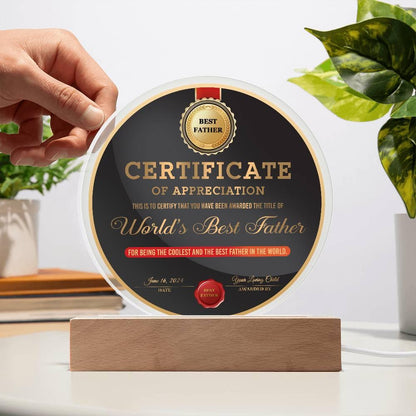 Certificate of Appreciation for the World's Best Father Acrylic Plaque Personalized Father's Day Gift - Mallard Moon Gift Shop