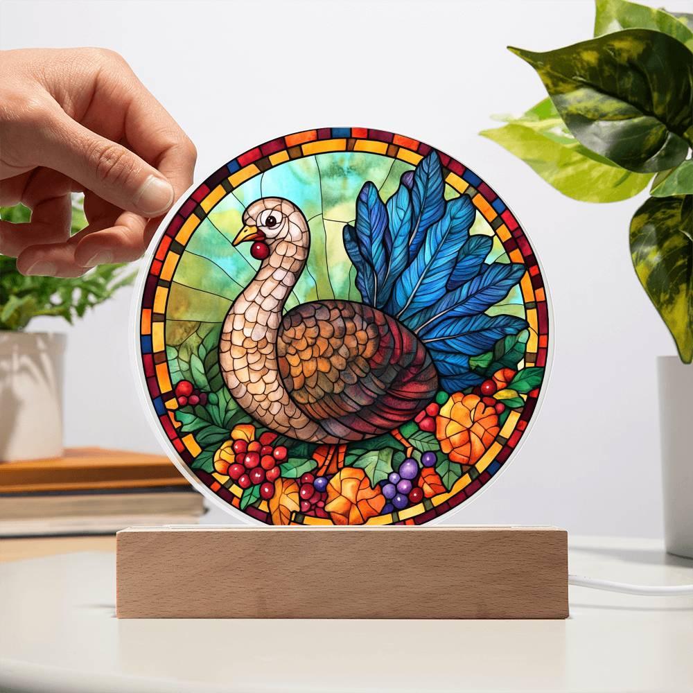 Turkey Stained-glass Round Acrylic Plaque - LED Lighted Wooden Base - Mallard Moon Gift Shop