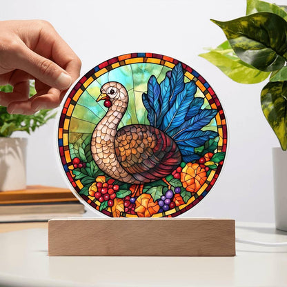 Turkey Stained-glass Round Acrylic Plaque - LED Lighted Wooden Base - Mallard Moon Gift Shop