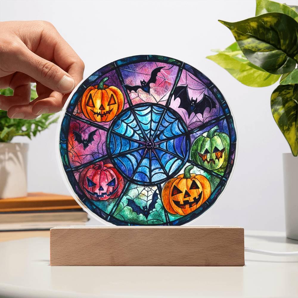 Spooky Halloween Decor Round Acrylic Plaque with Lighted LED Wooden Base - Mallard Moon Gift Shop