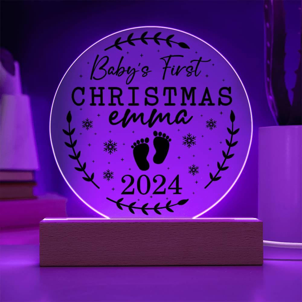 Baby's First Christmas Personalized Acrylic Plaque with Wood or LED Lighted Base - Mallard Moon Gift Shop