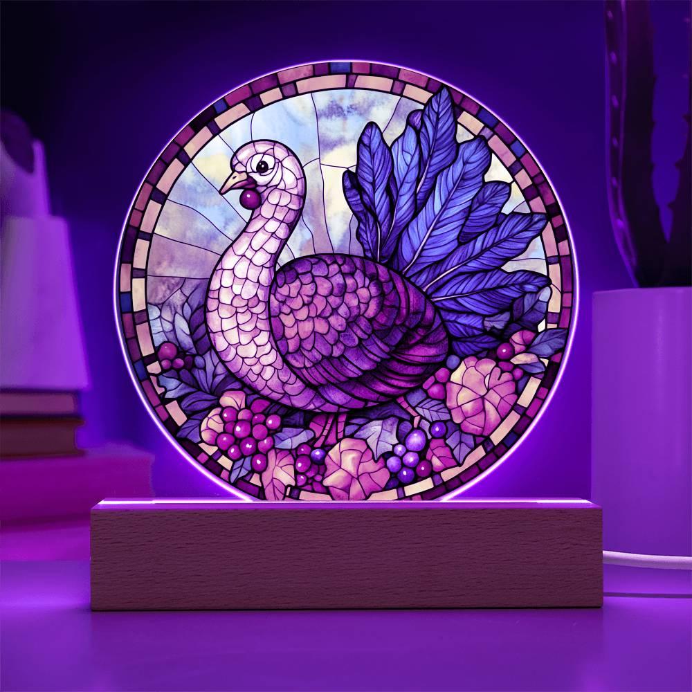 Turkey Stained-glass Round Acrylic Plaque - LED Lighted Wooden Base - Mallard Moon Gift Shop