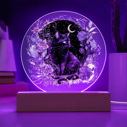 Black Cat Bewitchment: Halloween Printed Circle Acrylic Plaque with LED Lighted Wooden Base - Mallard Moon Gift Shop