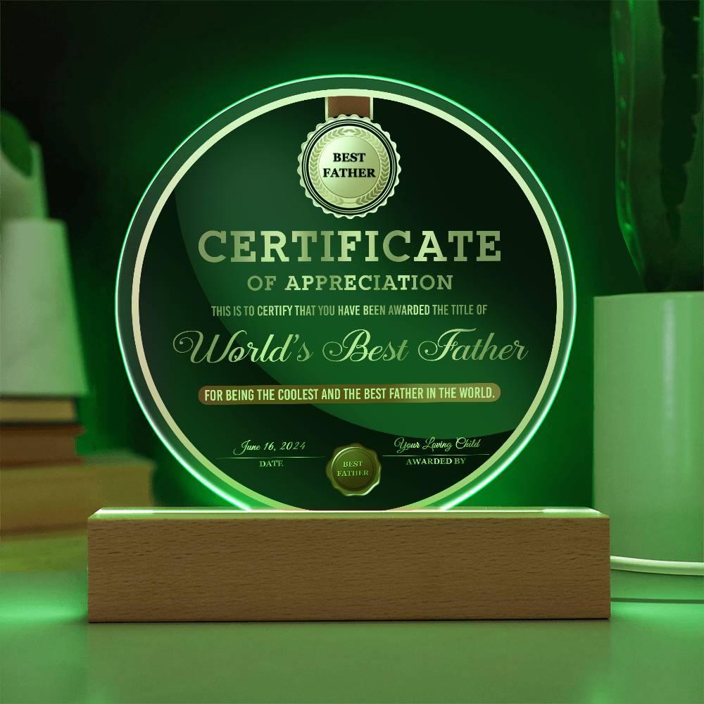 Certificate of Appreciation for the World's Best Father Acrylic Plaque Personalized Father's Day Gift - Mallard Moon Gift Shop