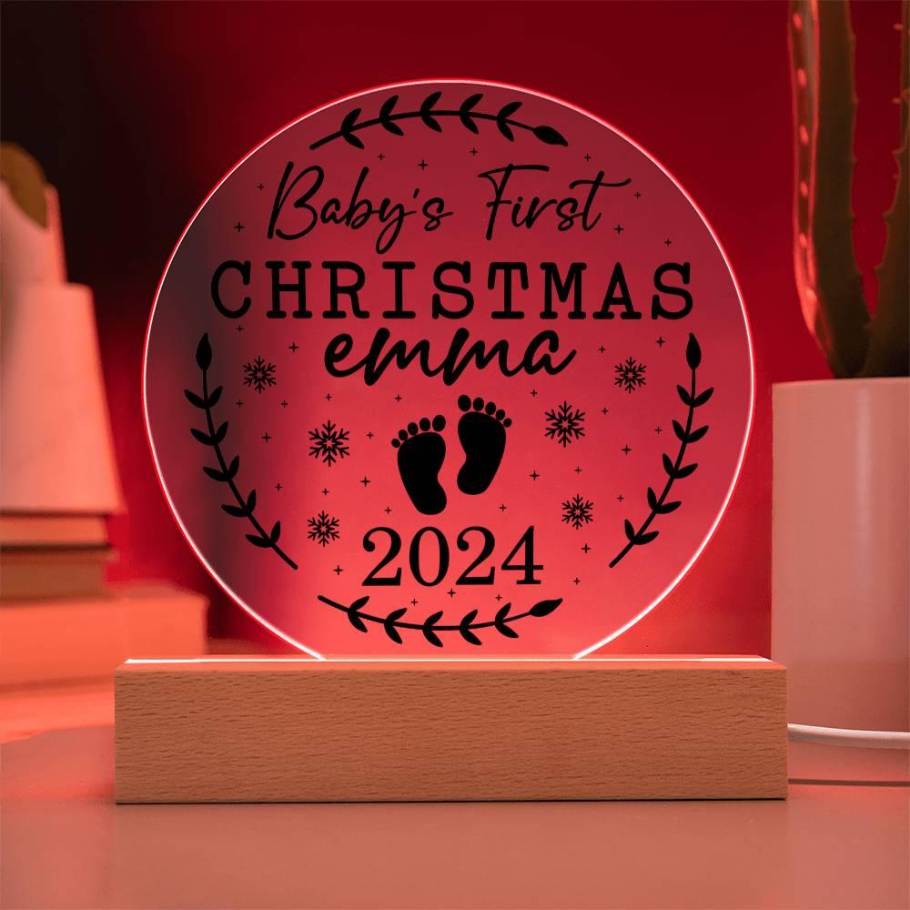 Baby's First Christmas Personalized Acrylic Plaque with Wood or LED Lighted Base - Mallard Moon Gift Shop