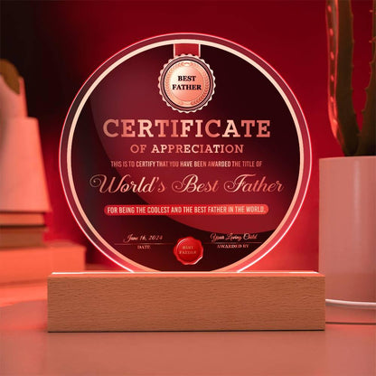Certificate of Appreciation for the World's Best Father Acrylic Plaque Personalized Father's Day Gift - Mallard Moon Gift Shop