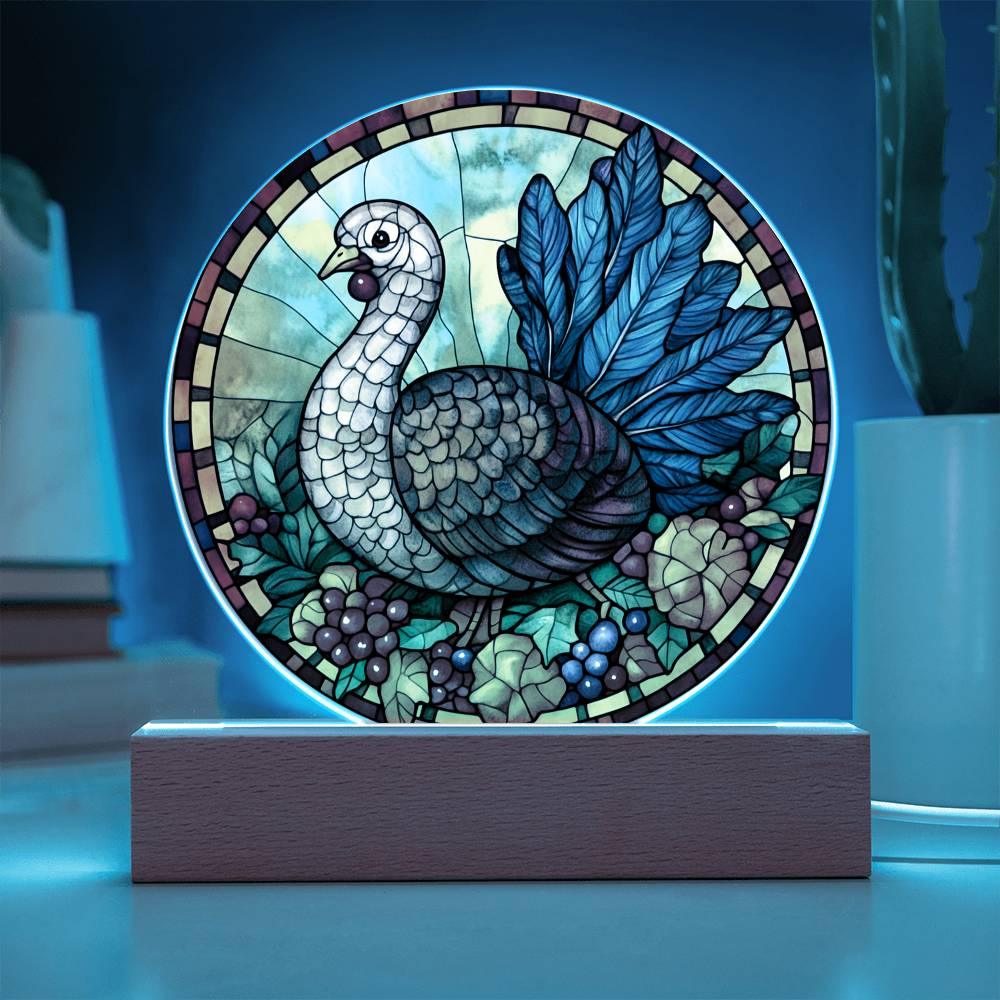 Turkey Stained-glass Round Acrylic Plaque - LED Lighted Wooden Base - Mallard Moon Gift Shop