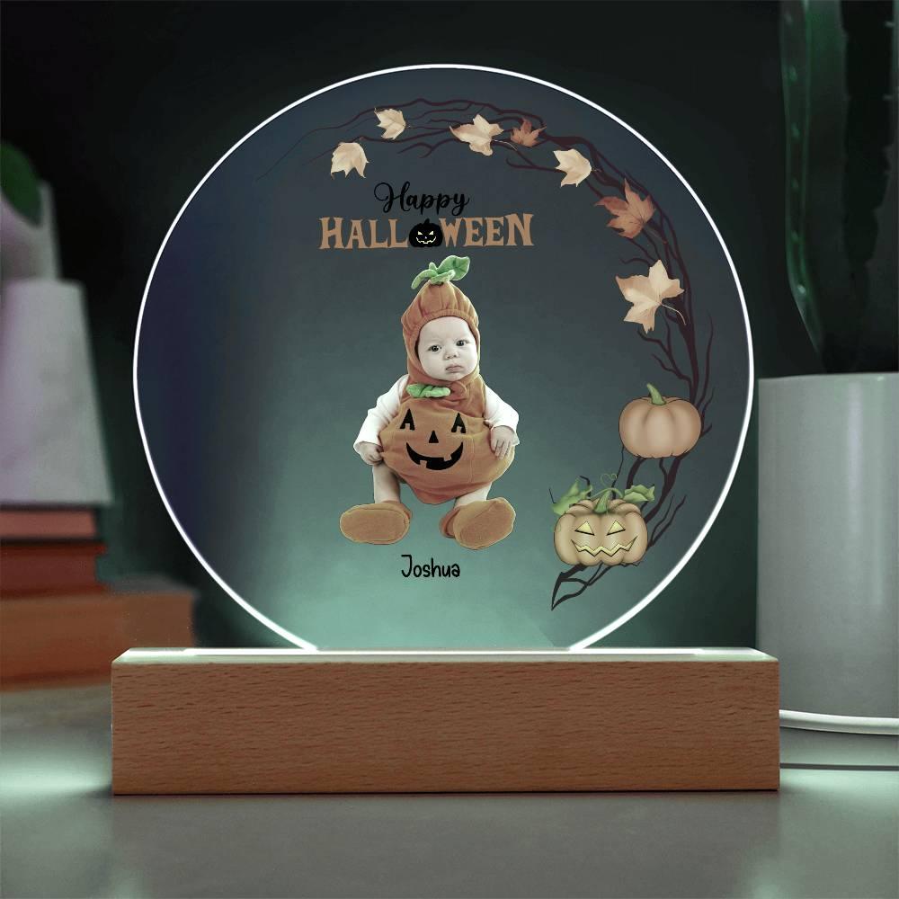 Personalized Halloween Photo Upload - Baby First Halloween Keepsake - Family Costume Round Acrylic Plaque with LED Lighted Base - Mallard Moon Gift Shop