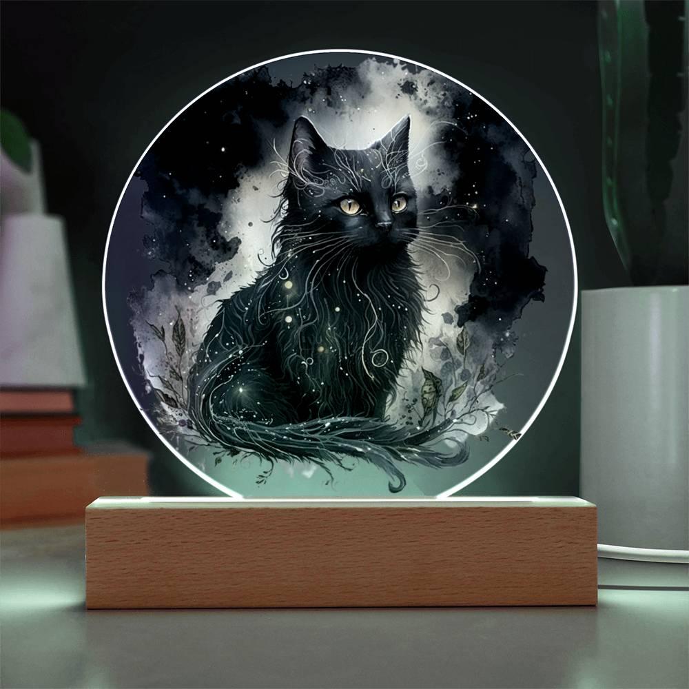 Black Cat Magic Spooky Halloween Printed Circle Acrylic Plaque with LED Lighted Wooden Base - Mallard Moon Gift Shop