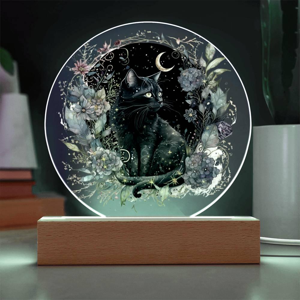 Black Cat Bewitchment: Halloween Printed Circle Acrylic Plaque with LED Lighted Wooden Base - Mallard Moon Gift Shop