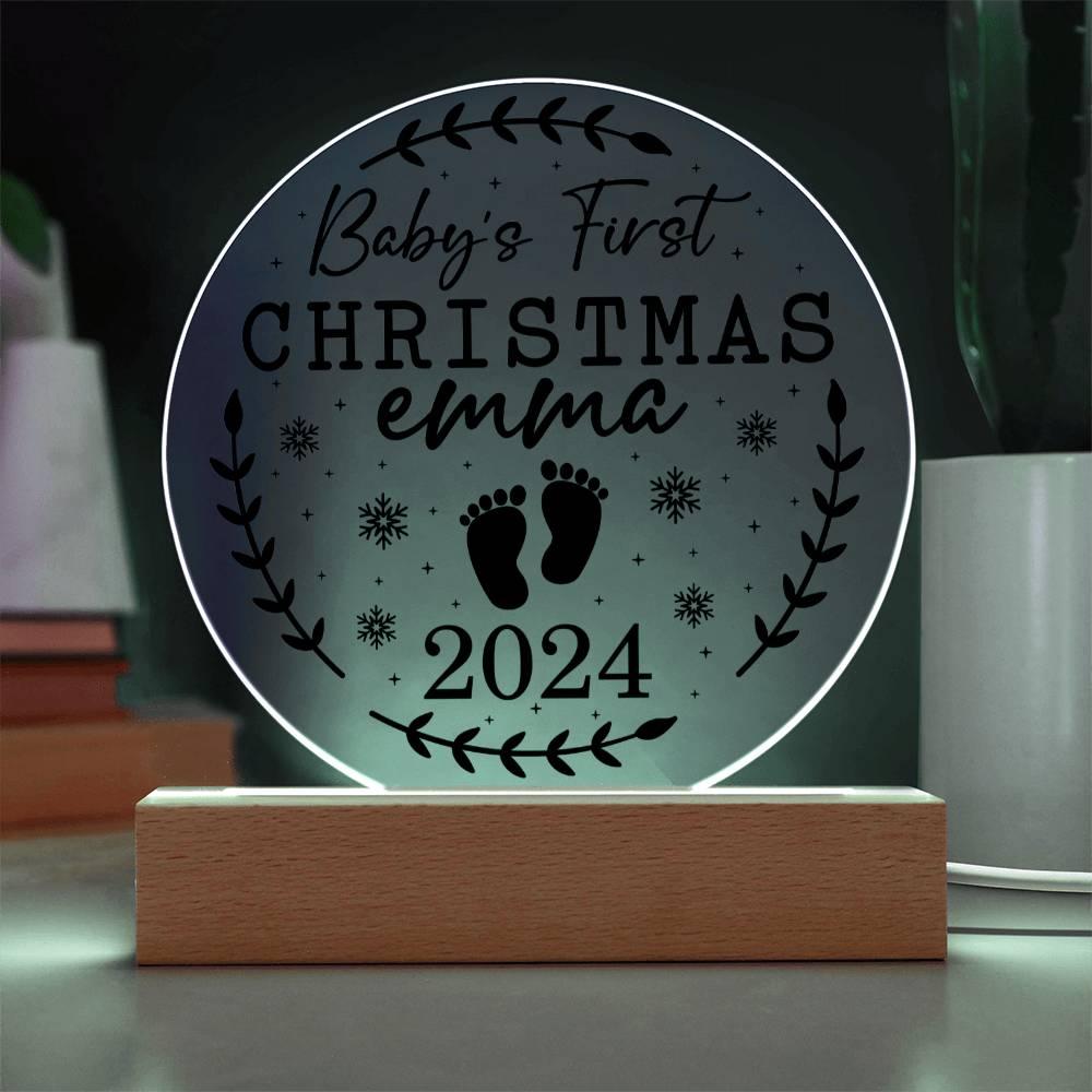 Baby's First Christmas Personalized Acrylic Plaque with Wood or LED Lighted Base - Mallard Moon Gift Shop