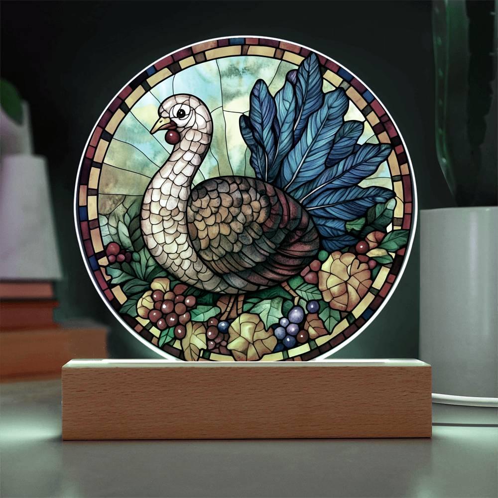Turkey Stained-glass Round Acrylic Plaque - LED Lighted Wooden Base - Mallard Moon Gift Shop