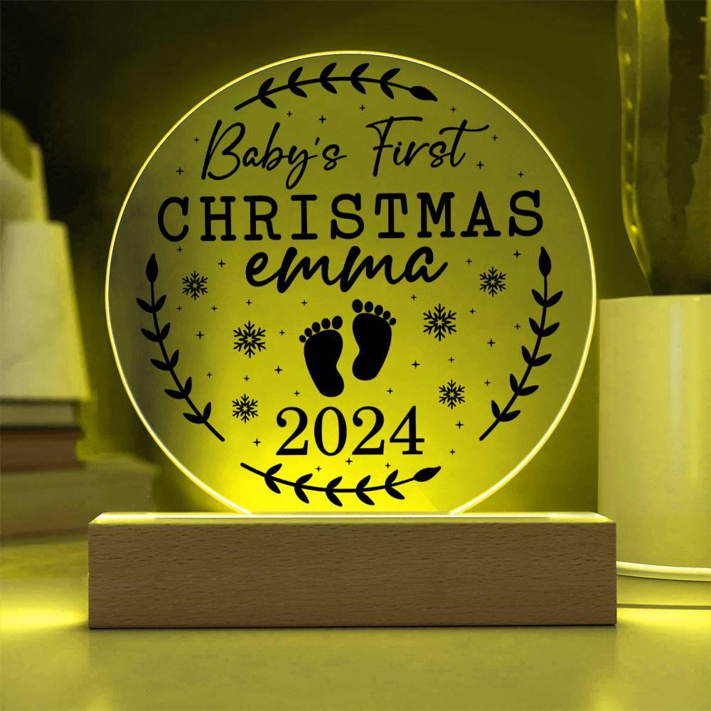 Baby's First Christmas Personalized Acrylic Plaque with Wood or LED Lighted Base - Mallard Moon Gift Shop