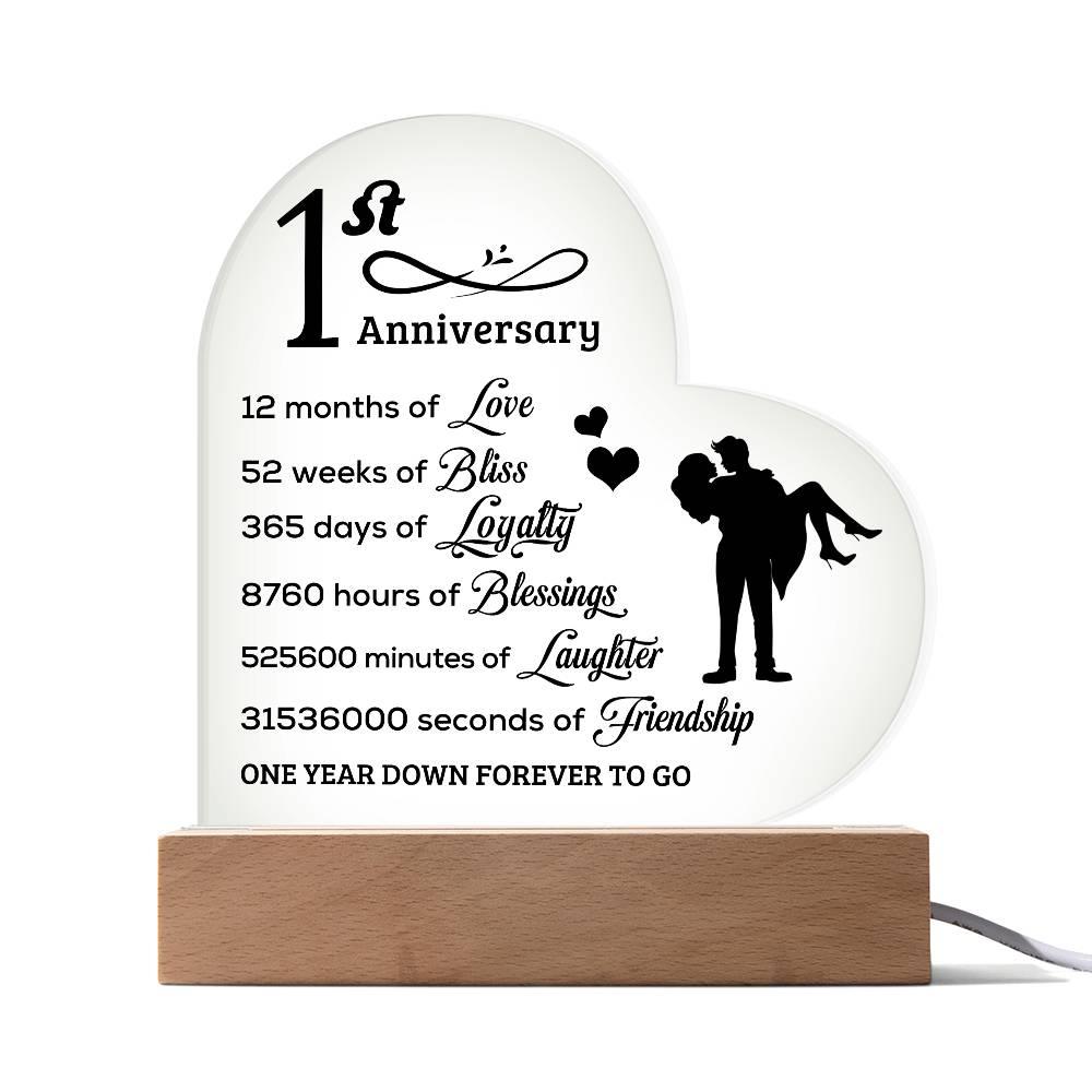 First Anniversary Heart Shaped Acrylic Plaque with LED Lighted Base - Mallard Moon Gift Shop