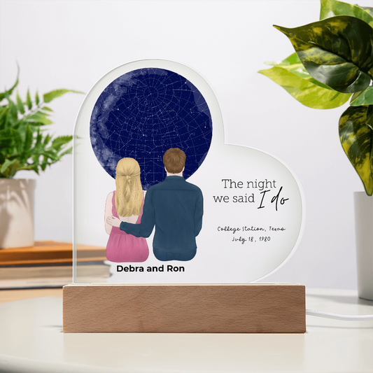 Personalized Heart-Shaped Star Map LED Acrylic Plaque with Custom Couple Illustration - Celebrate Your Special Night - Mallard Moon Gift Shop