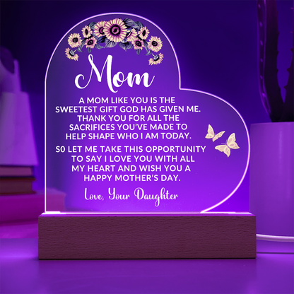 To My Mom – Heart-Shaped Sunflower Acrylic Plaque from Daughter | A Sweet Gift from God - Mallard Moon Gift Shop