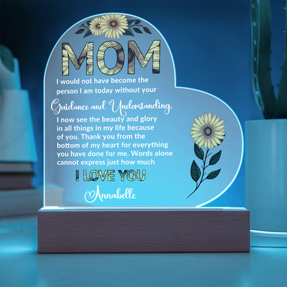 To My Mom – Heart-Shaped Sunflower Acrylic Plaque with Message of Gratitude from Daughter | A Beautiful Tribute to Your Guidance and Understanding - Mallard Moon Gift Shop