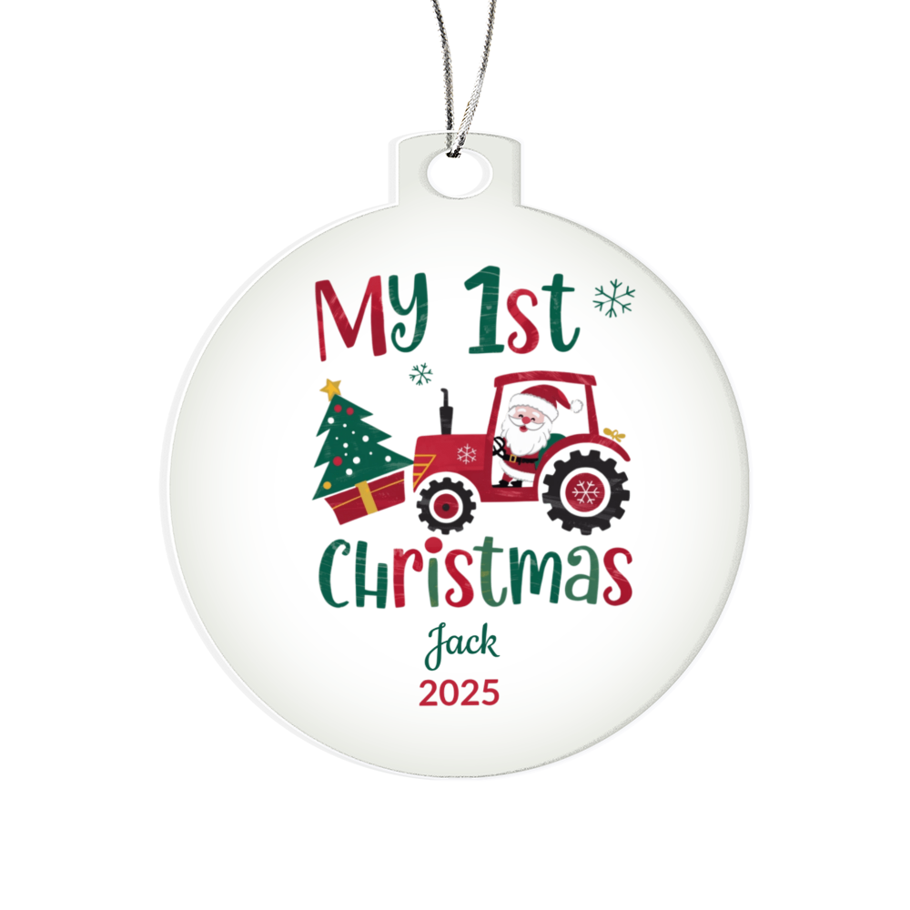 Personalized My 1st Christmas Acrylic Ornament with Name and Year – Santa Tractor Baby's First Christmas Keepsake Gift