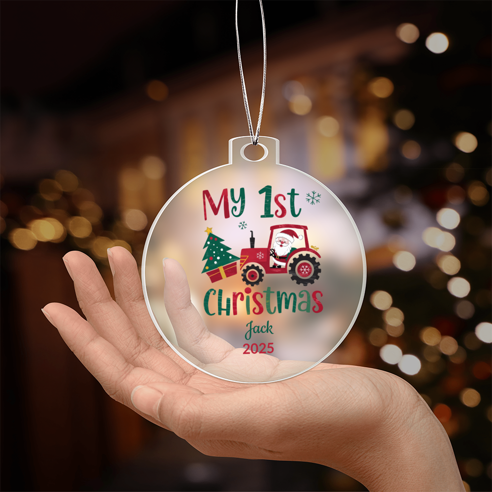 Personalized My 1st Christmas Acrylic Ornament with Name and Year – Santa Tractor Baby's First Christmas Keepsake Gift