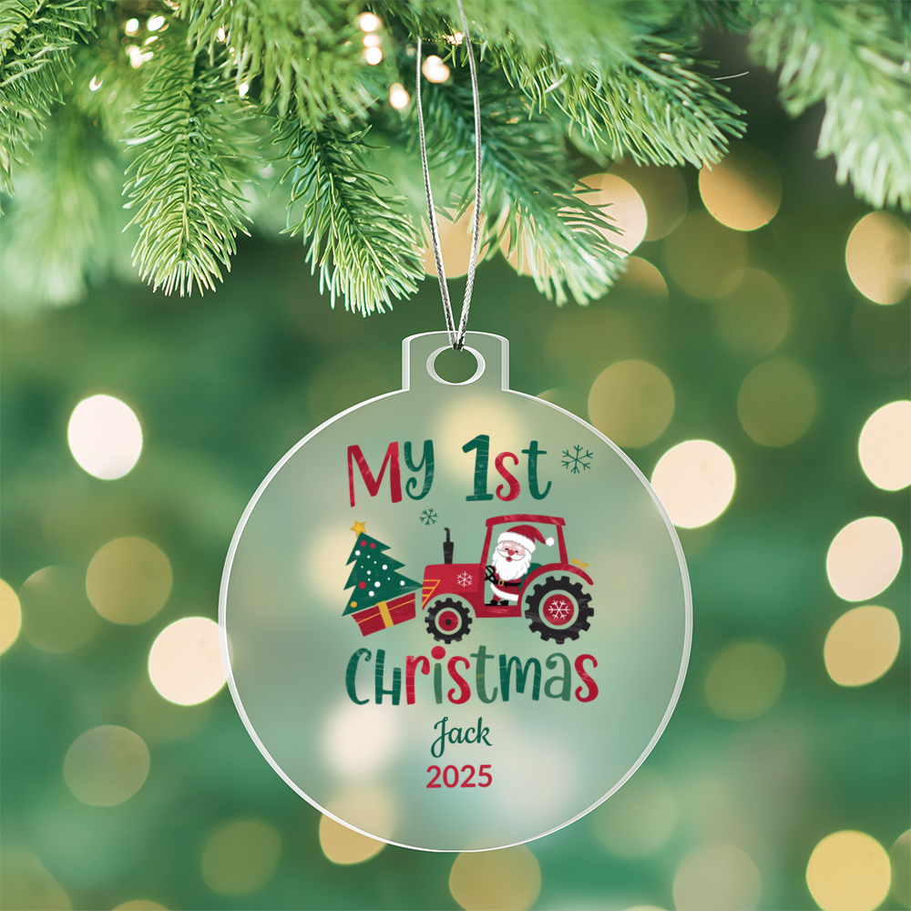Personalized My 1st Christmas Acrylic Ornament with Name and Year – Santa Tractor Baby's First Christmas Keepsake Gift