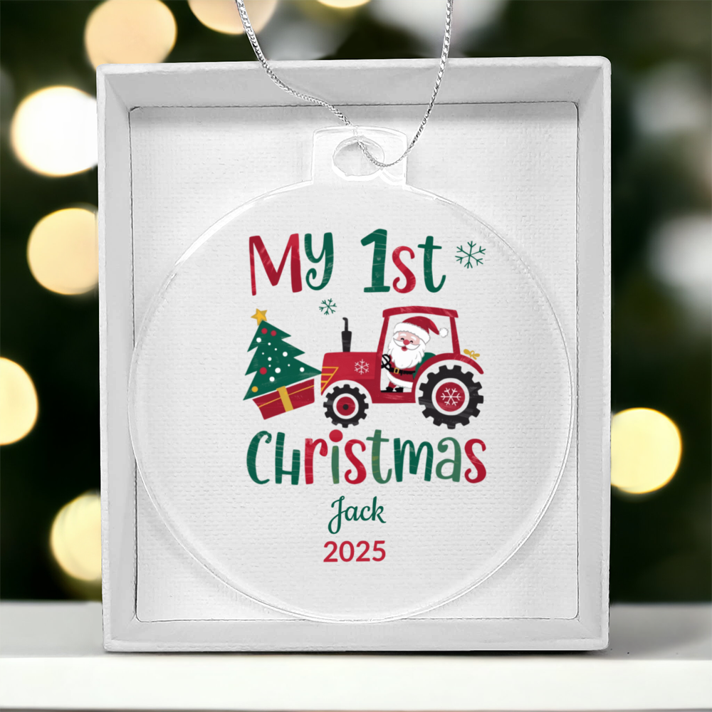 Personalized My 1st Christmas Acrylic Ornament with Name and Year – Santa Tractor Baby's First Christmas Keepsake Gift