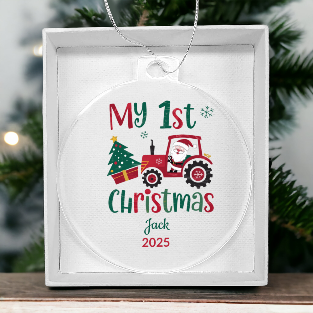 Personalized My 1st Christmas Acrylic Ornament with Name and Year – Santa Tractor Baby's First Christmas Keepsake Gift