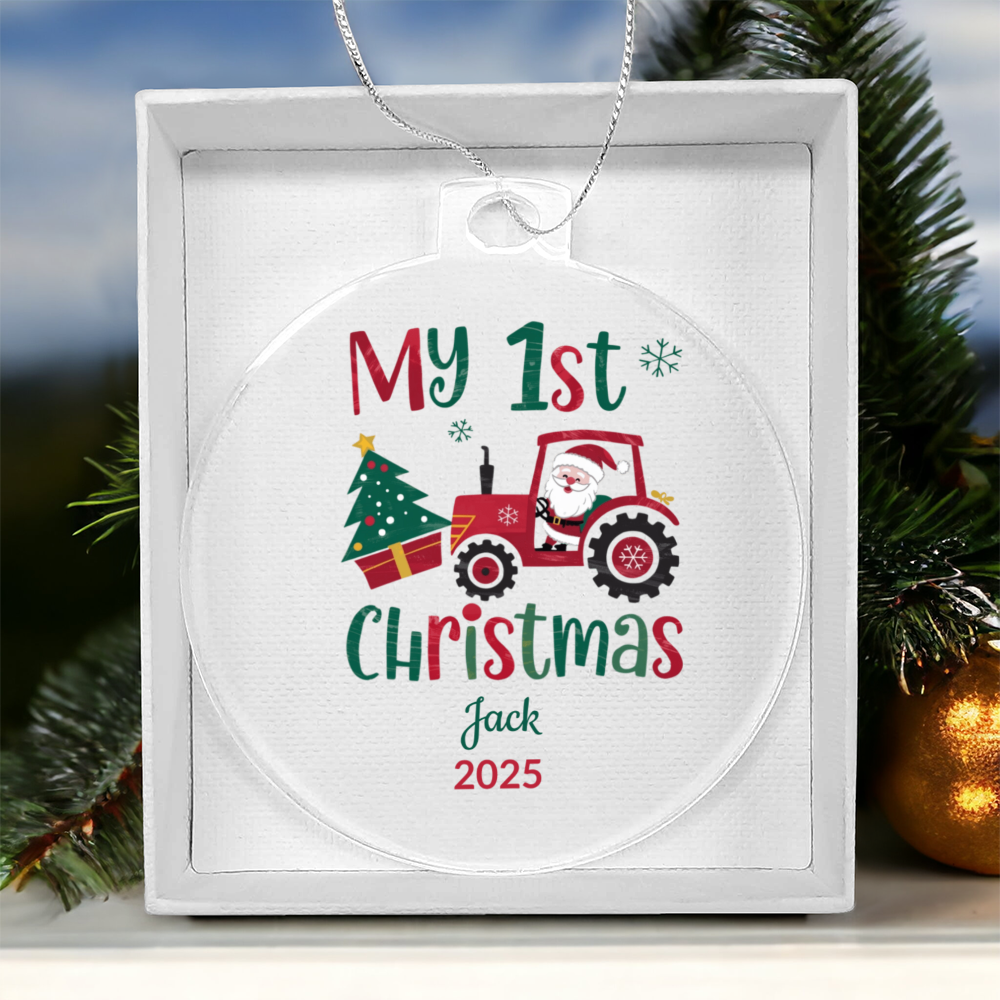 Personalized My 1st Christmas Acrylic Ornament with Name and Year – Santa Tractor Baby's First Christmas Keepsake Gift