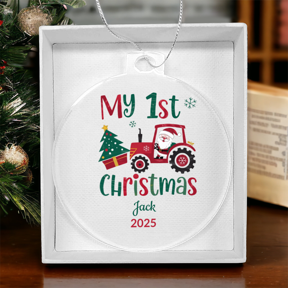 Personalized My 1st Christmas Acrylic Ornament with Name and Year – Santa Tractor Baby's First Christmas Keepsake Gift