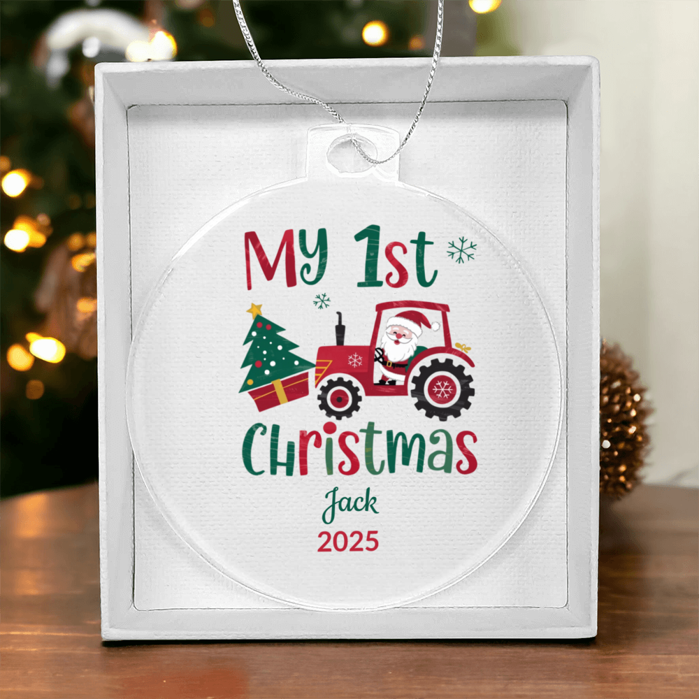 Personalized My 1st Christmas Acrylic Ornament with Name and Year – Santa Tractor Baby's First Christmas Keepsake Gift