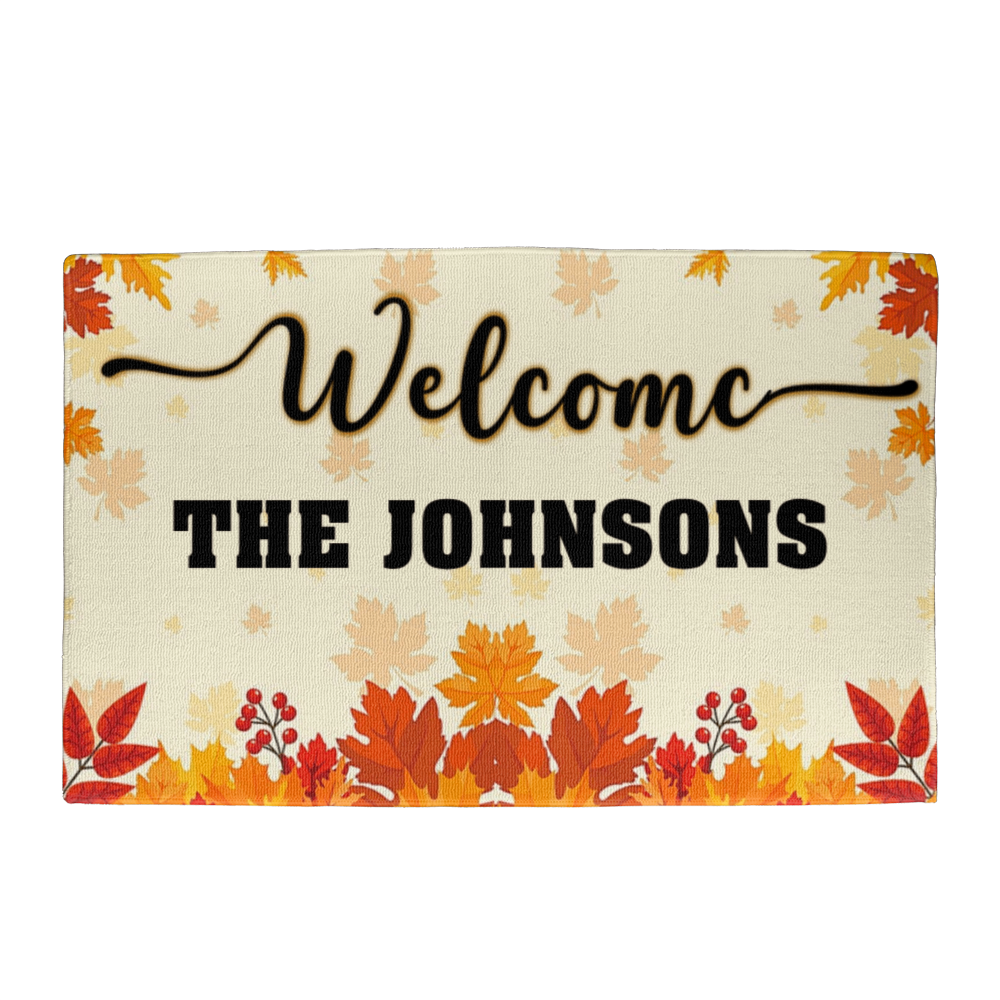 Personalized Welcome Doormat – Custom Family Name Fall Doormat with Autumn Leaves, Berries & Warm Harvest Colors – Perfect for Thanksgiving and Seasonal Porch Décor
