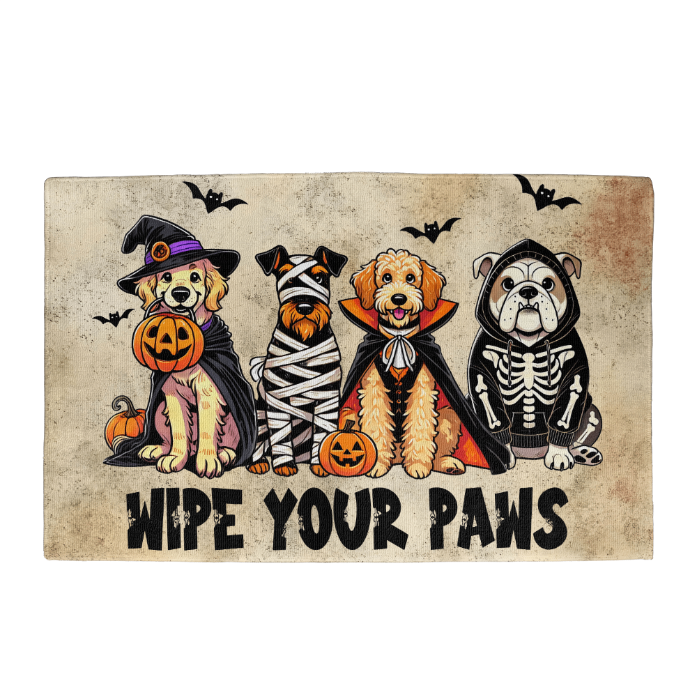 Wipe Your Paws Halloween Doormat – Cute Dogs in Costumes Welcome Mat – Funny Spooky Fall Decor for Dog Lovers - Mallard Moon