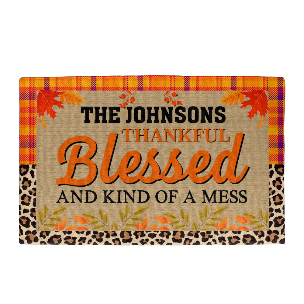 Personalized Thanksgiving Doormat – “Thankful, Blessed, and Kind of a Mess” Custom Family Name Fall Welcome Mat with Plaid and Leopard Print Design