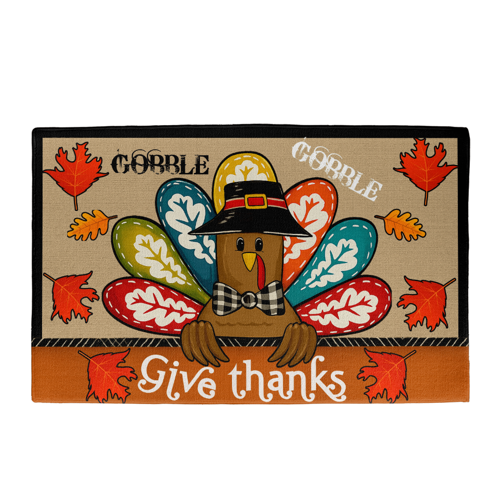 Colorful Turkey Thanksgiving Doormat – “Give Thanks” Fall Welcome Mat with Gobble Design, Autumn Leaves & Farmhouse Plaid Accent for Porch or Entryway Décor
