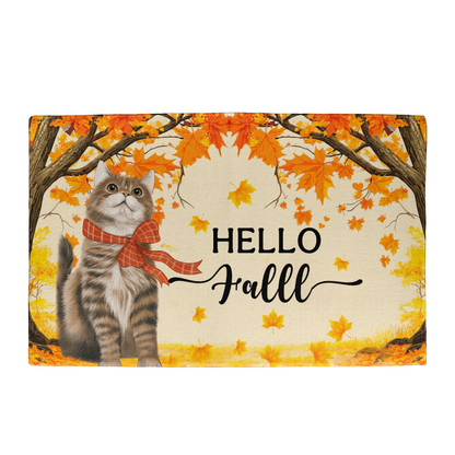 Hello Fall Cat Doormat – Fall Welcome Mat with Interchangeable Cat Designs, Autumn Leaves & Cozy Seasonal Décor for Cat Lovers and Fall Homes