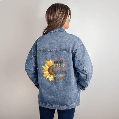 Mom Sunflower Motif Oversized Denim Jacket Mother's Day Birthday Gift for Mother - Mallard Moon Gift Shop