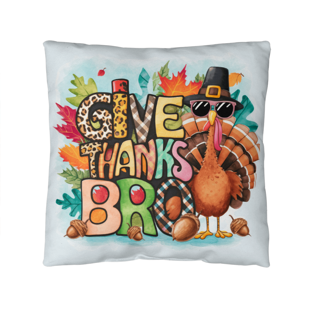 Give Thanks Bro Thanksgiving Pillow – Cool Turkey with Sunglasses Cushion – Indoor/Outdoor, 3 Sizes - Mallard Moon