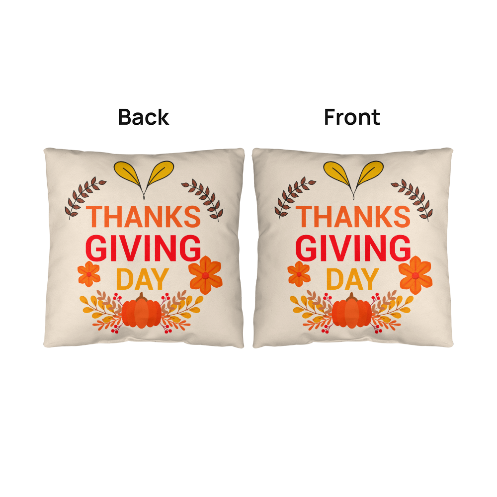 Thanksgiving Day Throw Pillow – Festive Pumpkin & Floral Fall Accent Cushion – Indoor/Outdoor, 3 Sizes - Mallard Moon