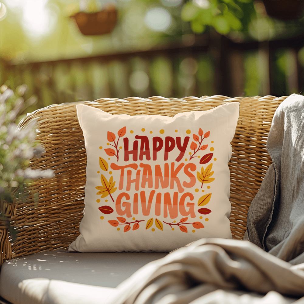 Happy Thanksgiving Throw Pillow – Indoor/Outdoor Fall Accent Cushion – Available in 3 Sizes - Mallard Moon