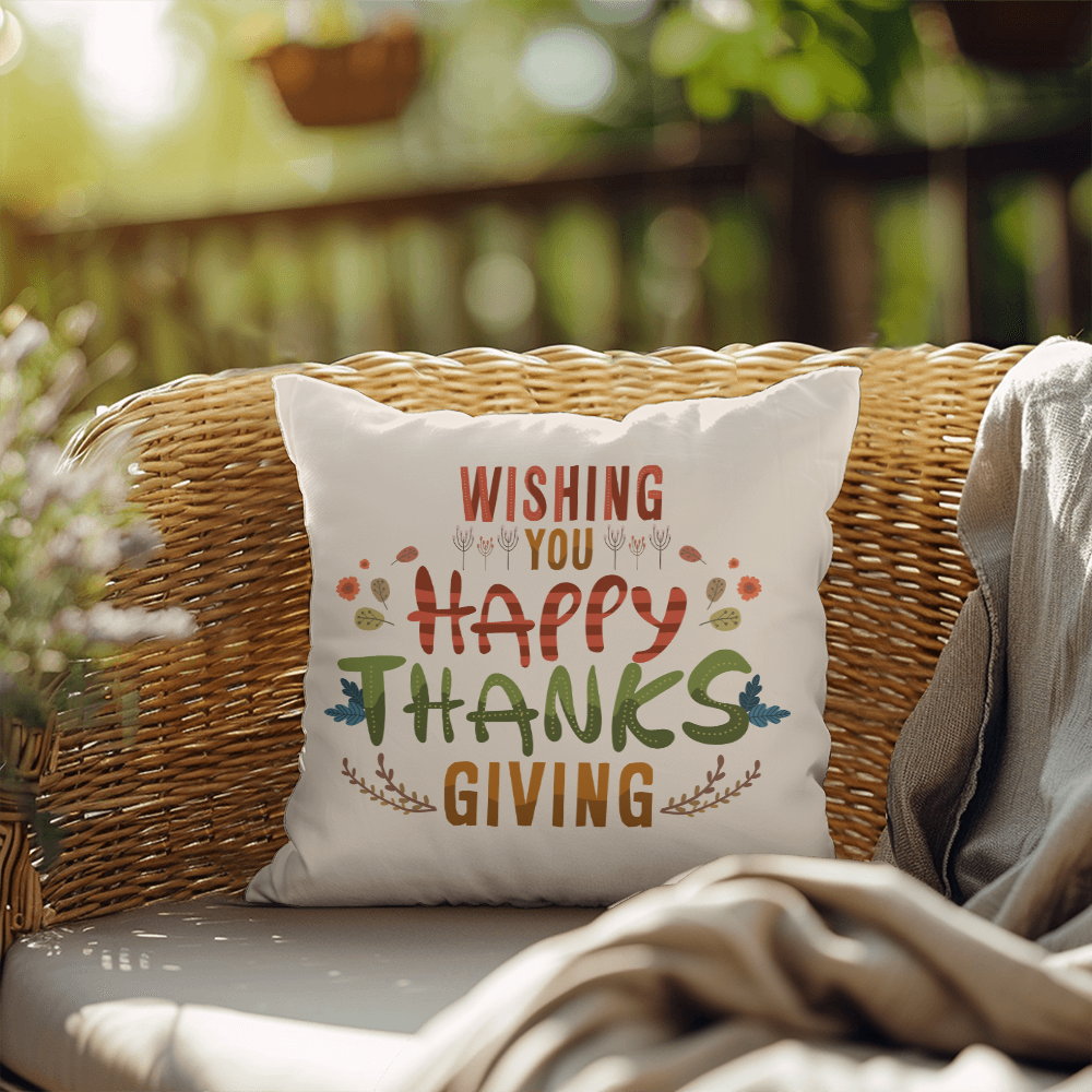 Wishing You a Happy Thanksgiving Throw Pillow – Indoor/Outdoor Fall Accent Cushion – Available in 3 Sizes - Mallard Moon