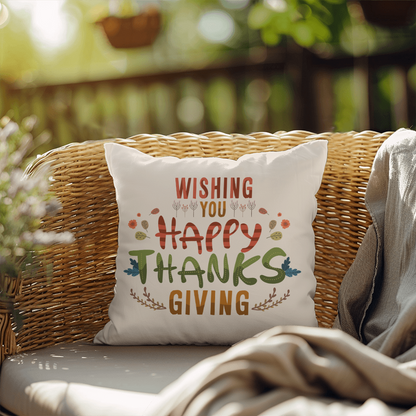 Wishing You a Happy Thanksgiving Throw Pillow – Indoor/Outdoor Fall Accent Cushion – Available in 3 Sizes - Mallard Moon