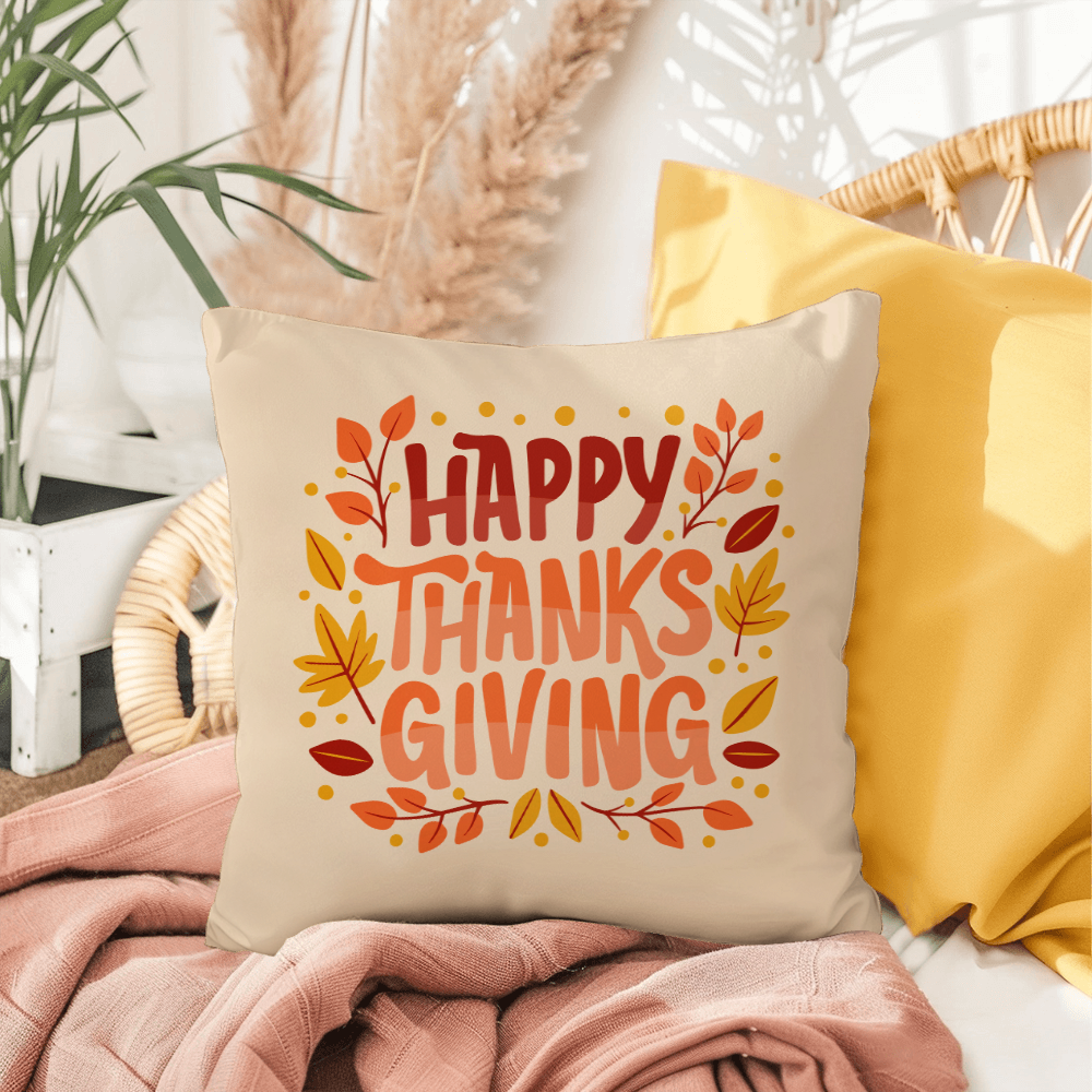Happy Thanksgiving Throw Pillow – Indoor/Outdoor Fall Accent Cushion – Available in 3 Sizes - Mallard Moon