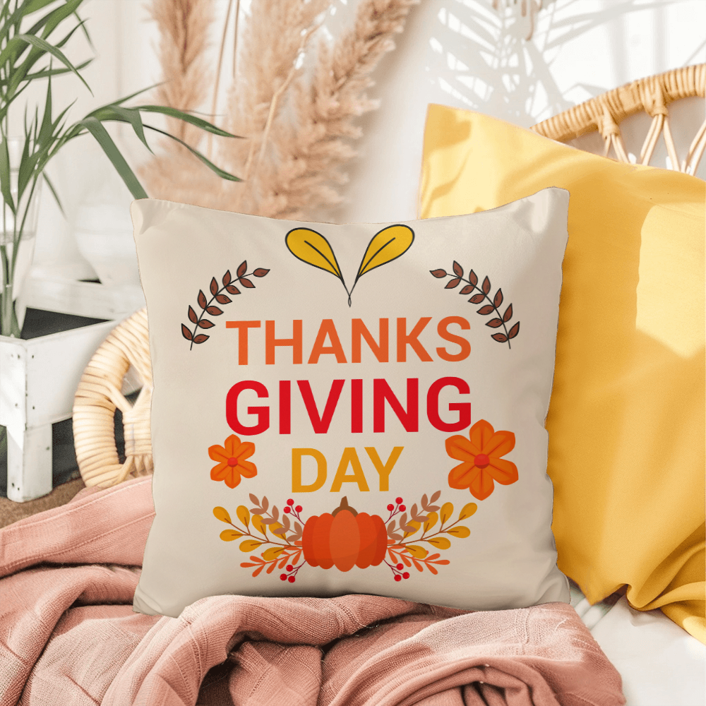 Thanksgiving Day Throw Pillow – Festive Pumpkin & Floral Fall Accent Cushion – Indoor/Outdoor, 3 Sizes - Mallard Moon