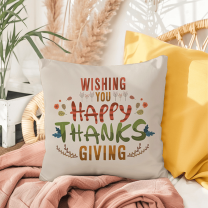Wishing You a Happy Thanksgiving Throw Pillow – Indoor/Outdoor Fall Accent Cushion – Available in 3 Sizes - Mallard Moon