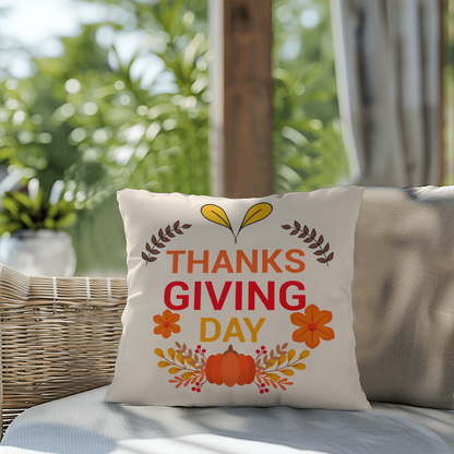 Thanksgiving Day Throw Pillow – Festive Pumpkin & Floral Fall Accent Cushion – Indoor/Outdoor, 3 Sizes - Mallard Moon